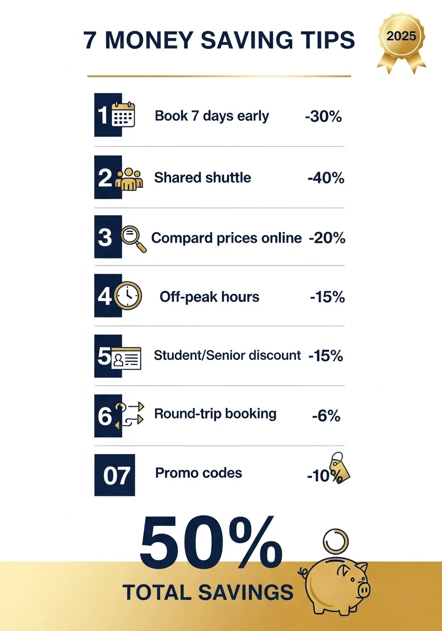 Infographie des 7 astuces pour économiser 50% sur votre navette aéroport en Belgique