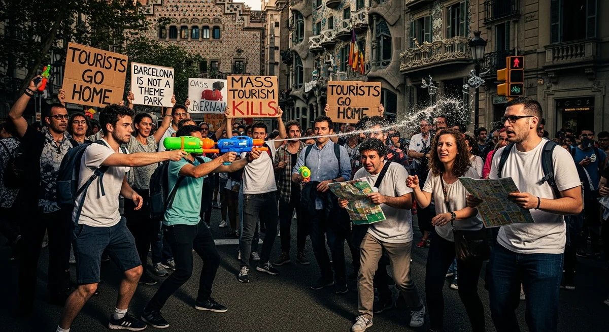 Overcrowded tourist destination with locals protesting against mass tourism