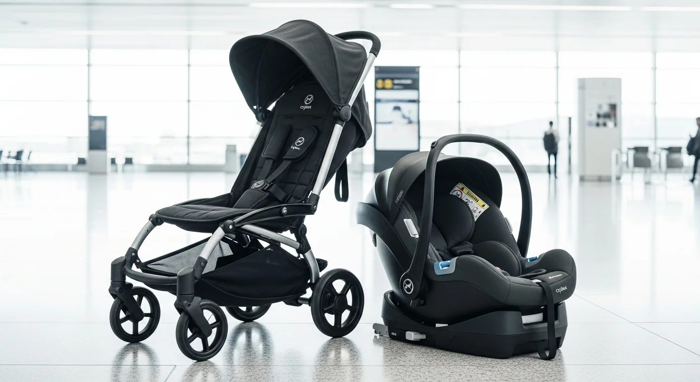 Poussette de voyage légère et siège auto à l'aéroport - Équipement famille 2025