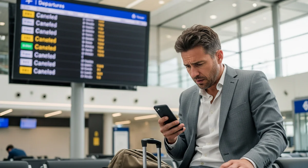 Frustrated airline passenger dealing with flight cancellation