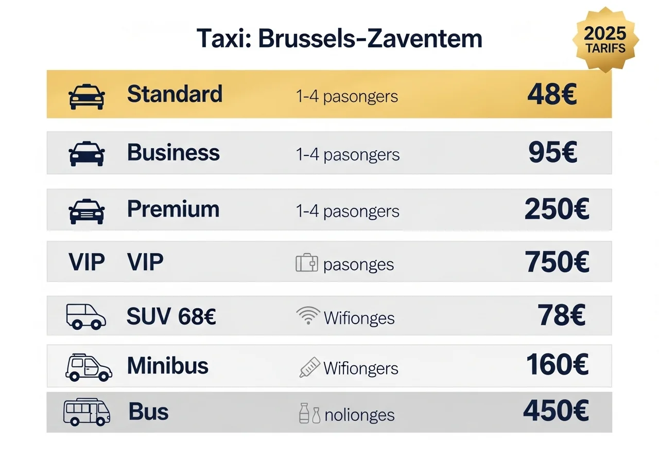 Tableau comparatif des tarifs taxi Bruxelles-Zaventem 2025 par catégorie de véhicule