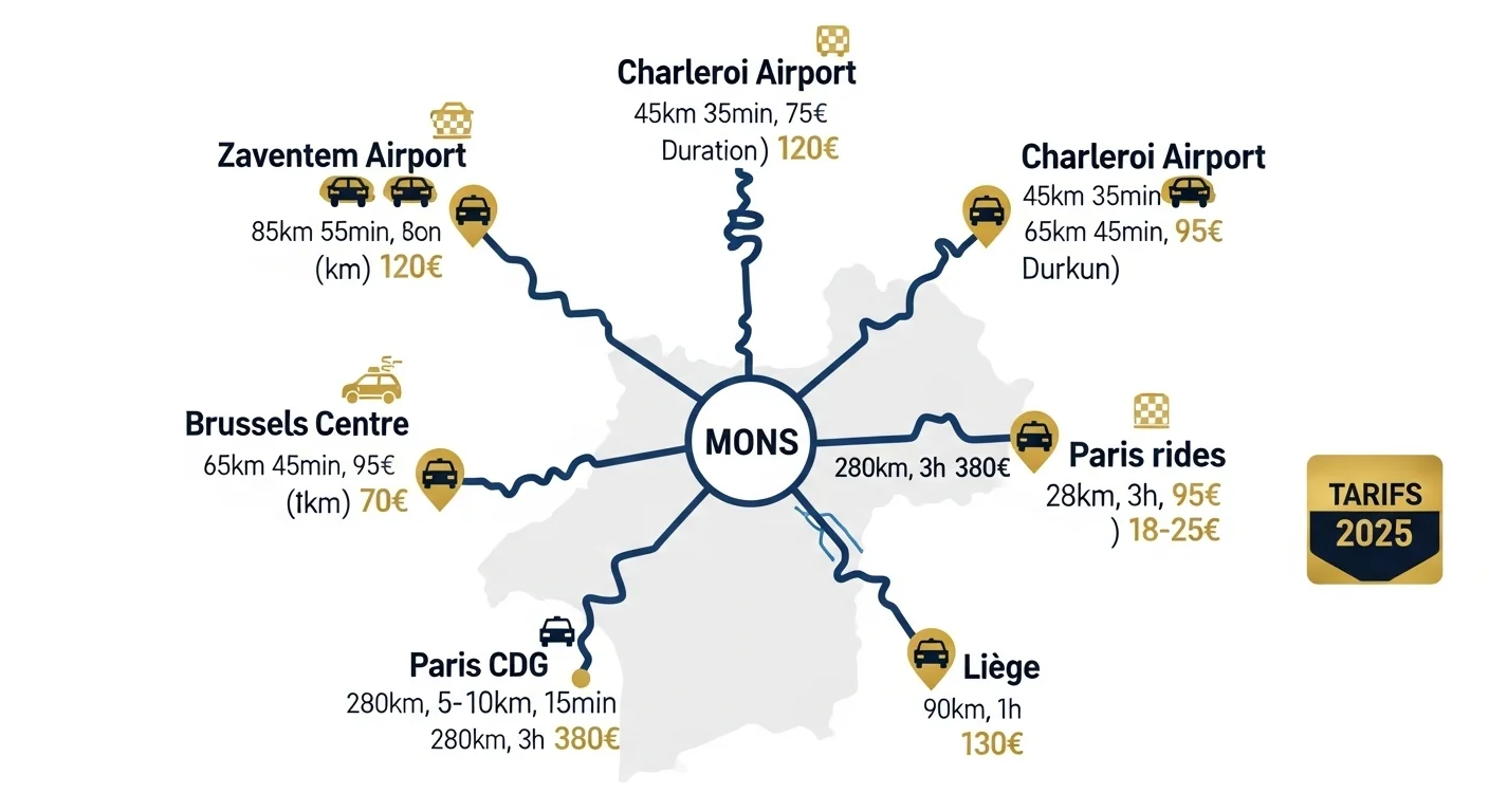 Carte des tarifs taxi depuis Mons vers les principaux aéroports et destinations en Belgique